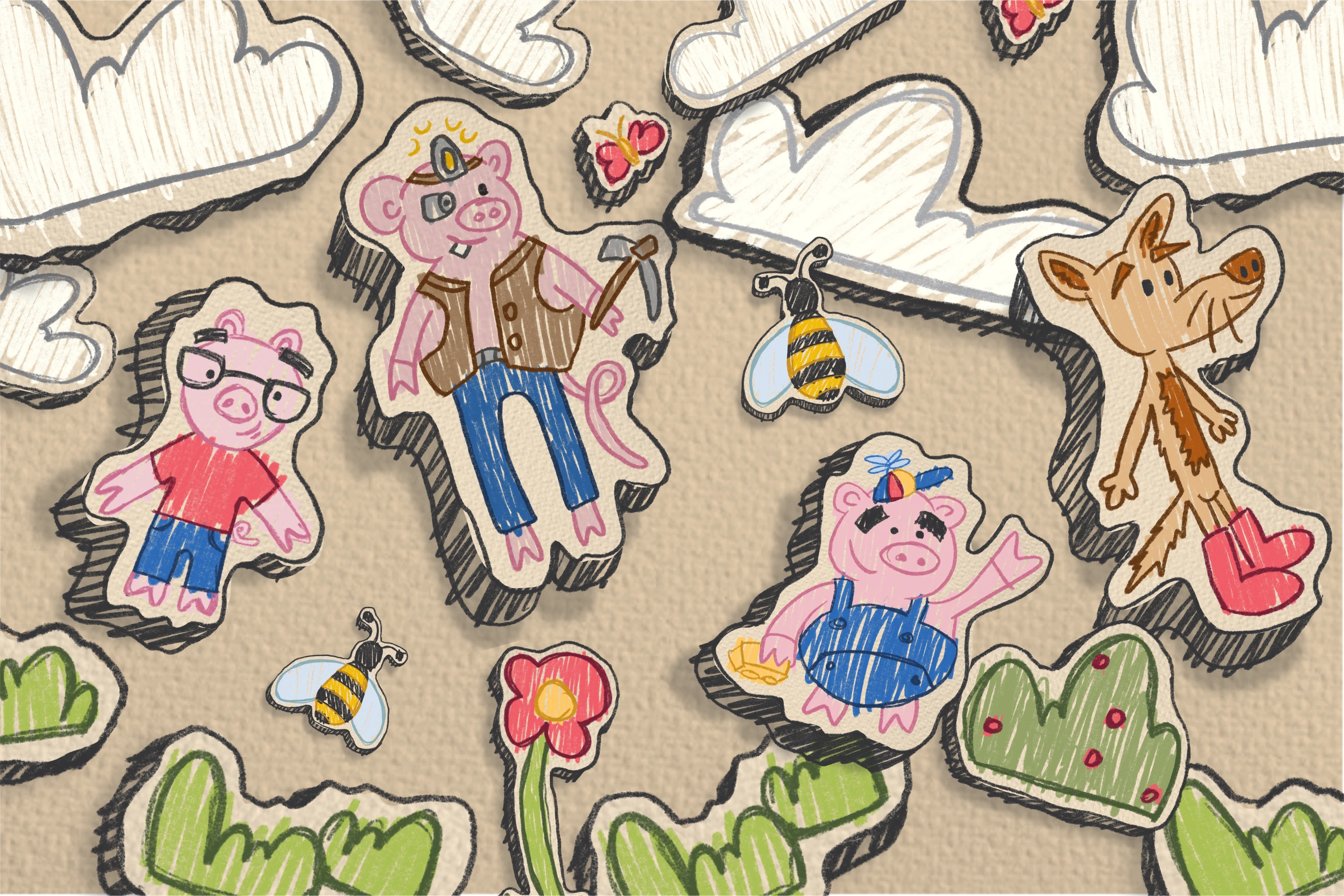 Bruno and the Little Pigs — Endpaper 1: characters